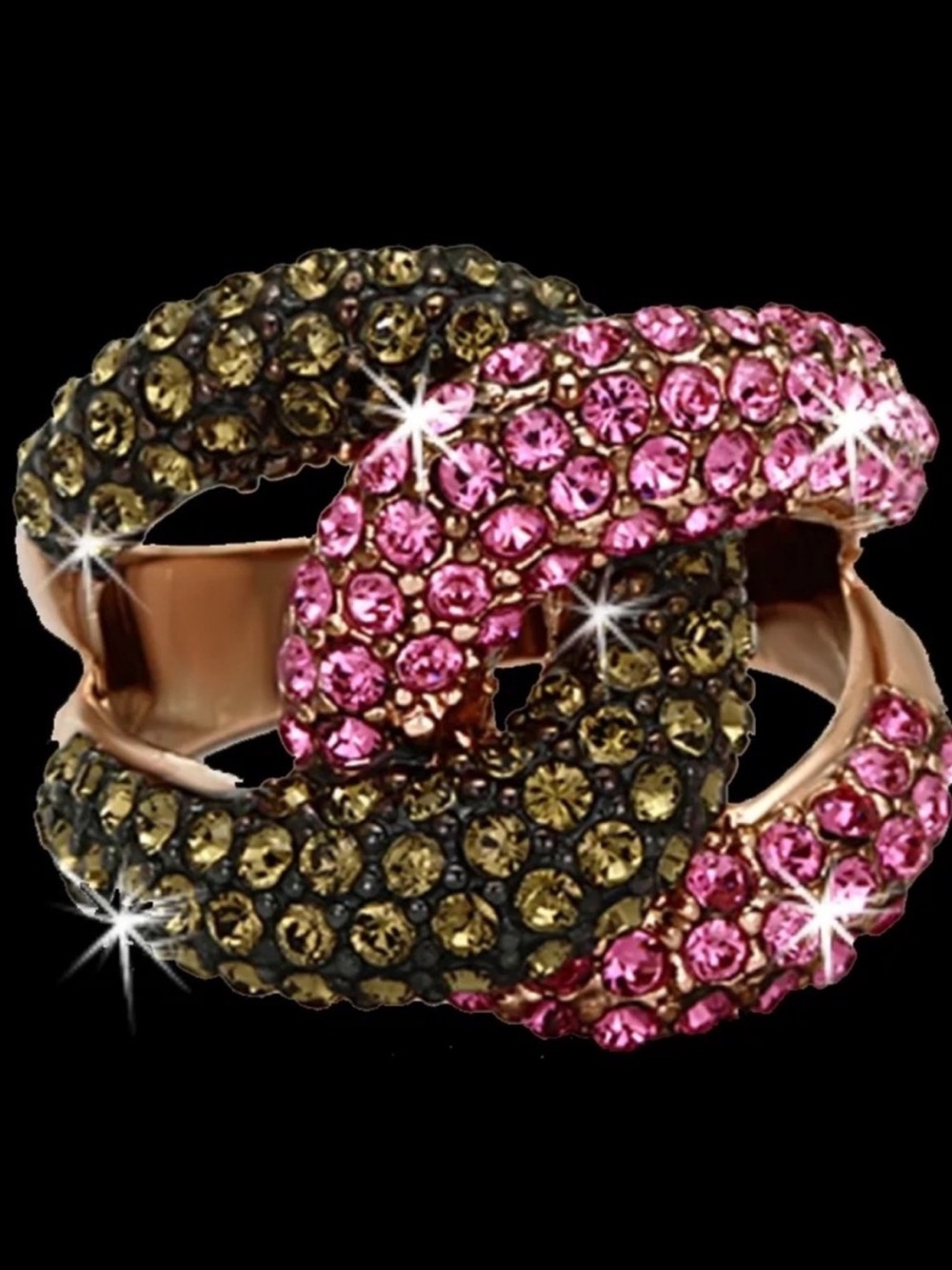 Fuchsia Pink Olive SWIRL Crystal Pave Set CZ Statement Rose Gold cocktail Ring